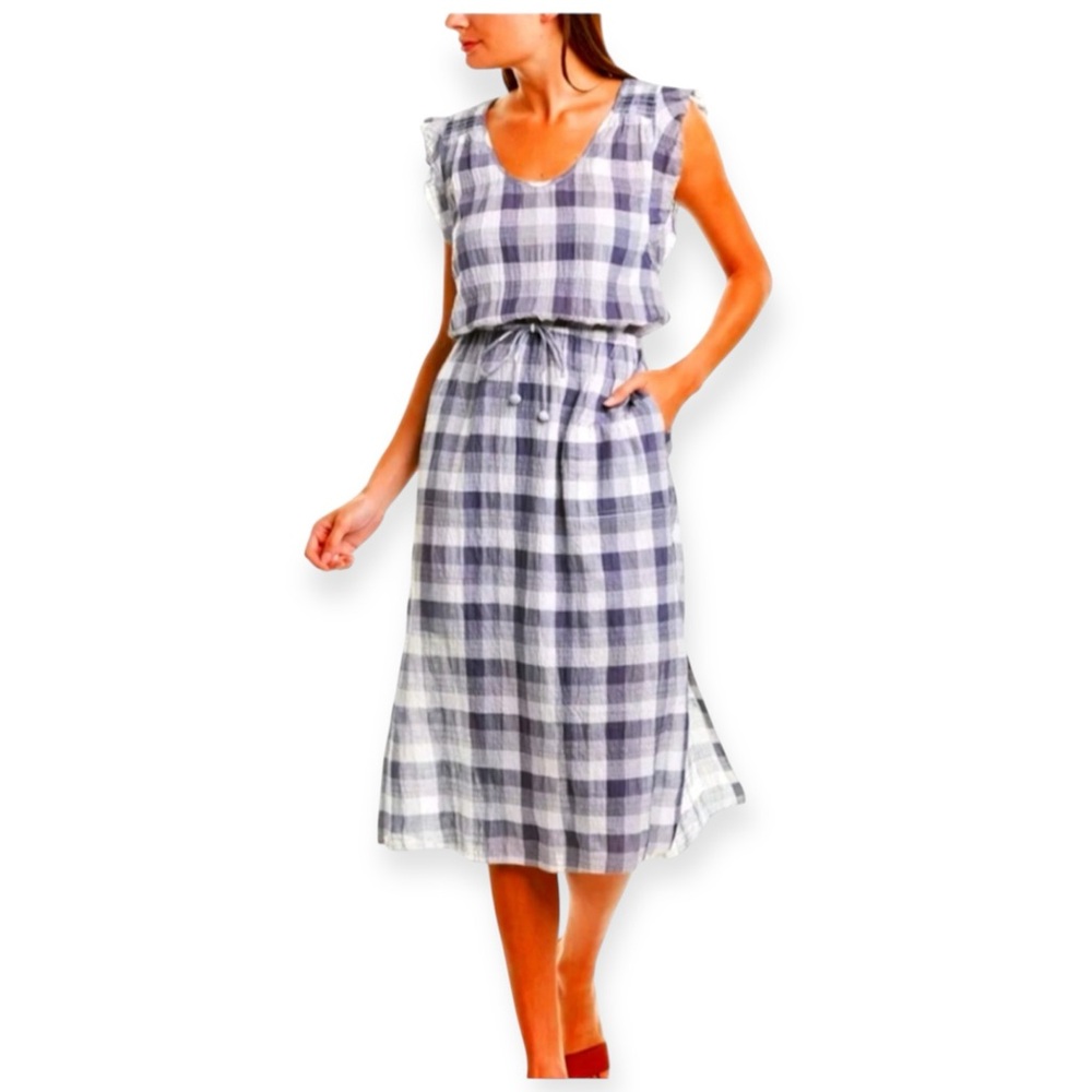 Lilla P Cotton Gingham Blue Midi Gauze Sundress Flutter Sleeve Sz M Pocket